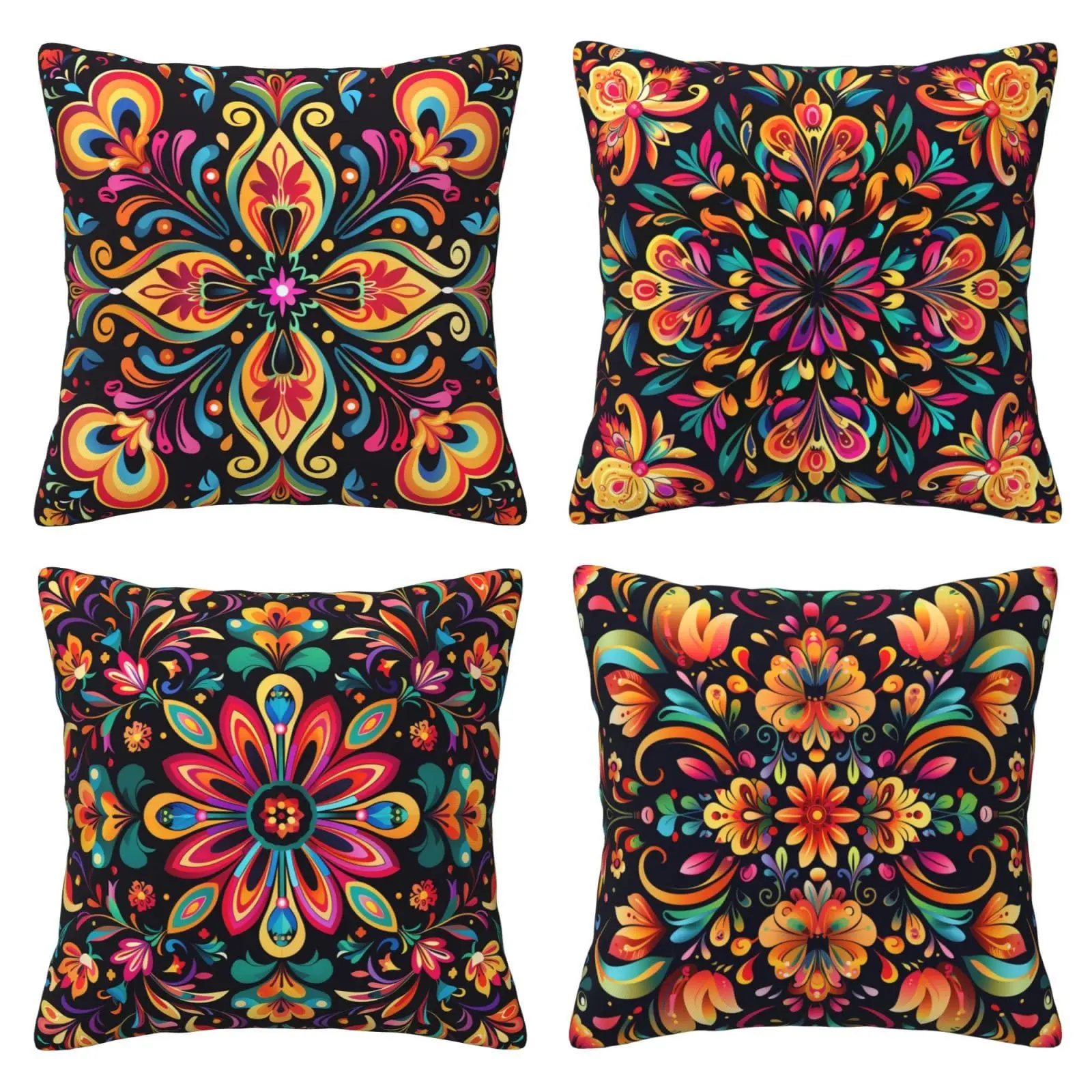 

Mexican Colorful Flower Set of 4 Pillow Covers,Cushion Throw Pillows Cover Garden Pillow Cover for Living Room Indoor Home Decor