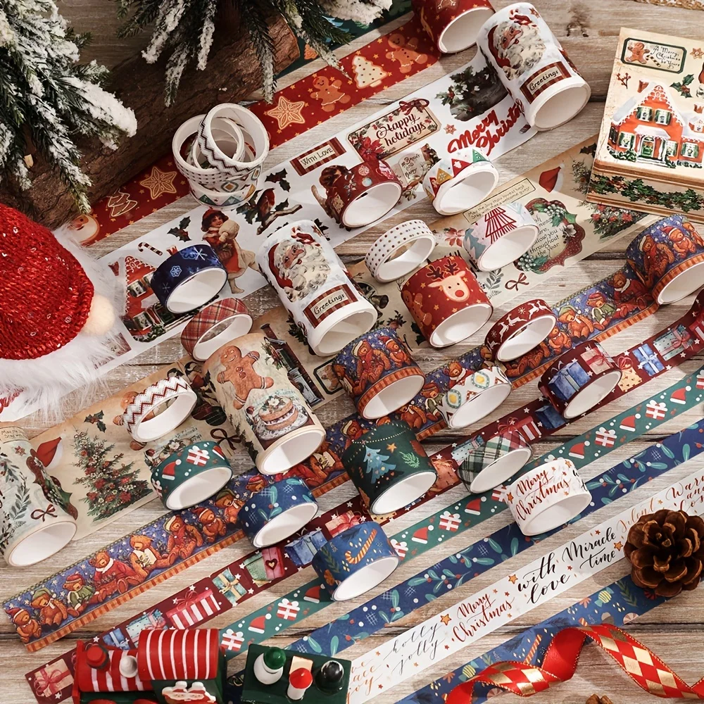 Juego de cintas Washi navideñas Vintage, 20 rollos, 2M de largo, copo de nieve, árbol, ciervo, Papá Noel, diseño para tarjetas, planificador de regalo, suministros para diario