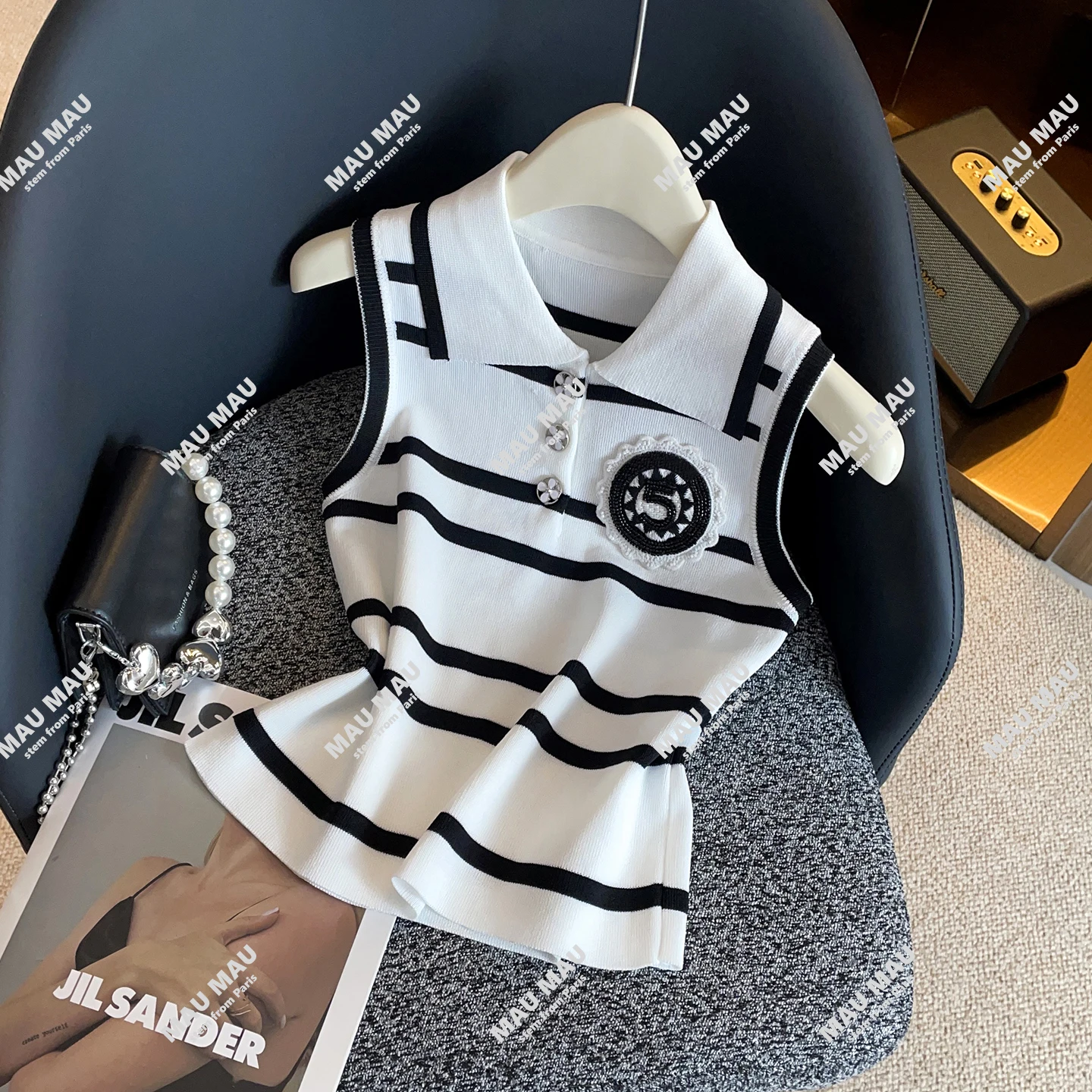 

Высококачественный женский вязаный жилет с воротником в полоску, цветная блузка с буквенным узором, осенняя новинка Sle Faion для поездок на работу