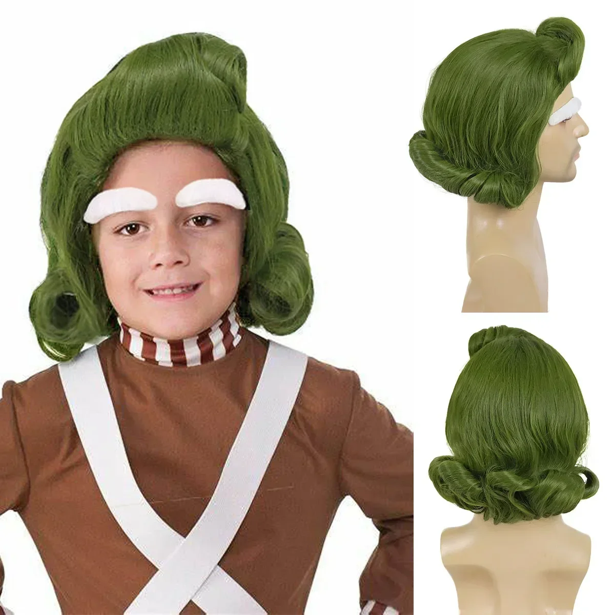 Synthetic Hair Men Short Curly Green Wig with White Eyebow Outfit Funny Cosplay Wigs Halloween Party Wonka Costume Dress Up Wig