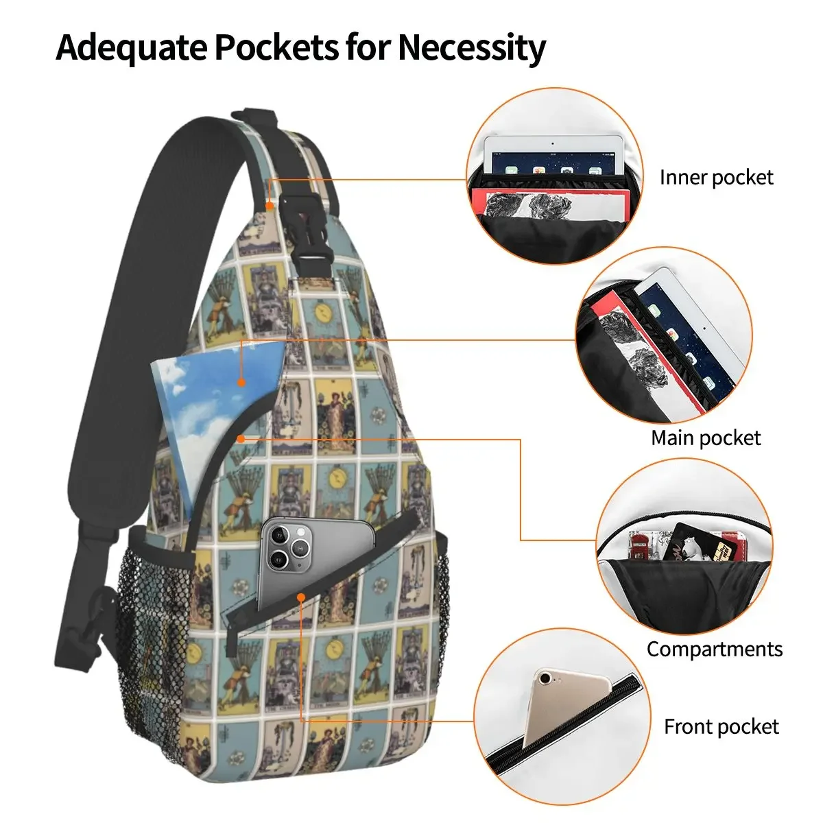 Tarot Divination Occult Card Crossbody Sling Bag Printed Chest Bag Witch Shoulder Backpack Daypack for Hiking Travel Sports Pack