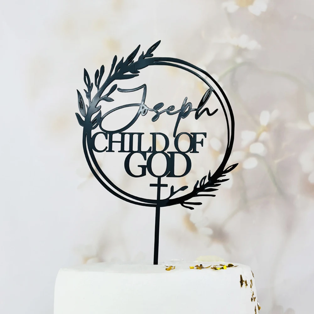 Corona floral personalizada para tarta de bautismo, decoración rústica de primera comunión para bautizo personalizada con decoración cruzada