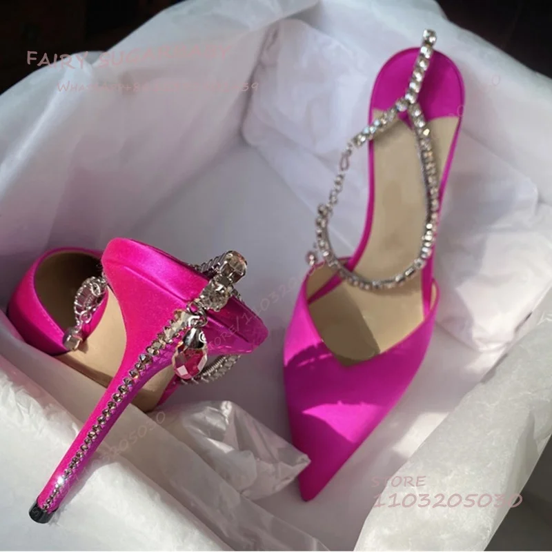 Fuchsia Satin Crystal Heels Women Black Silk Suede Pointed Toe Rhinestone Sandals White Wedding Shoes Ankle Jeweled Ankle Straps