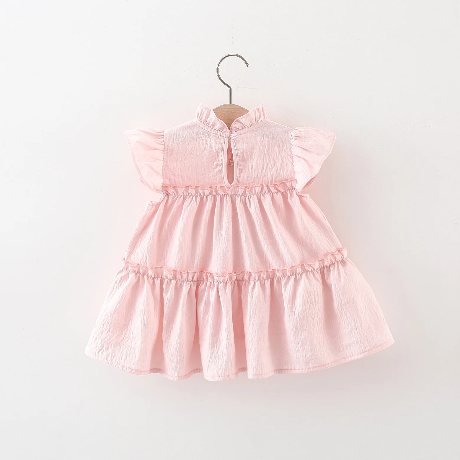 Summer Tulip Solid Small Flying Sleeves Dress For Kids Girl Cute Pink Princess Dress For Baby Kids