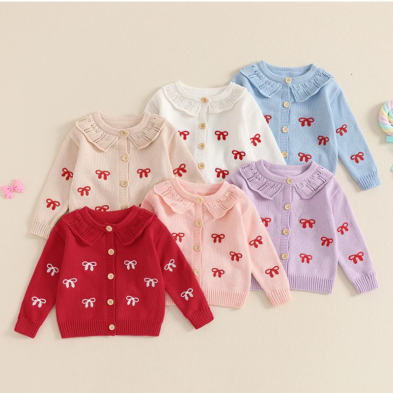 2024-09-26 Lioraitiin Toddler Girls Fall Knit Cardigans Bow Pattern Button Down Long Sleeve Crew Neck Baby Sweater Jackets