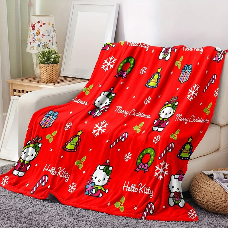 

Яркое рождественское одеяло Hello Kitty, праздничное плюшевое одеяло с рождественской елкой и узорами снежинок для декора дивана в спальне