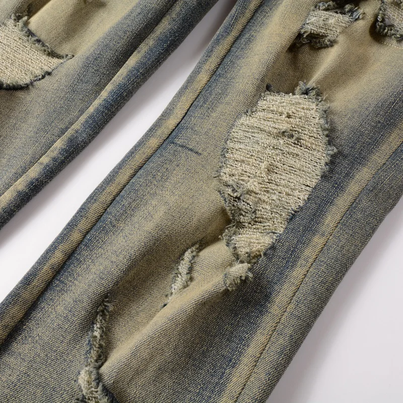 Men Snake Embroidery Denim Jeans Vintage Blue Snakeskin Leather Patch Stretch Pants Skinny Tapered Trousers