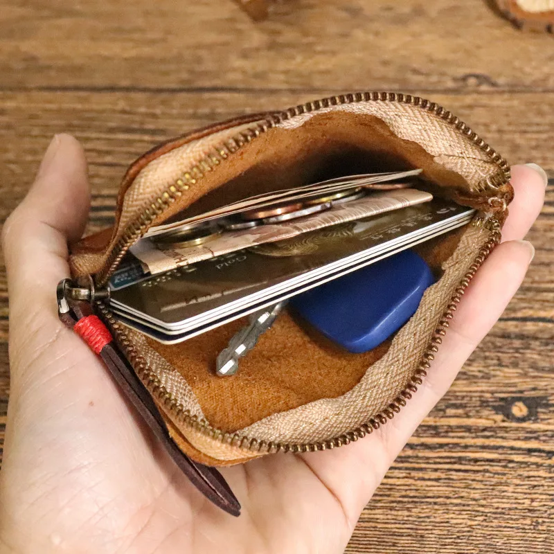 Мини-сумка на молнии из воловьей кожи, кошелек из натуральной кожи, ретро-сумка ручной работы, состаренная квадратная сумка для монет, чехол для наушников, часов, карты