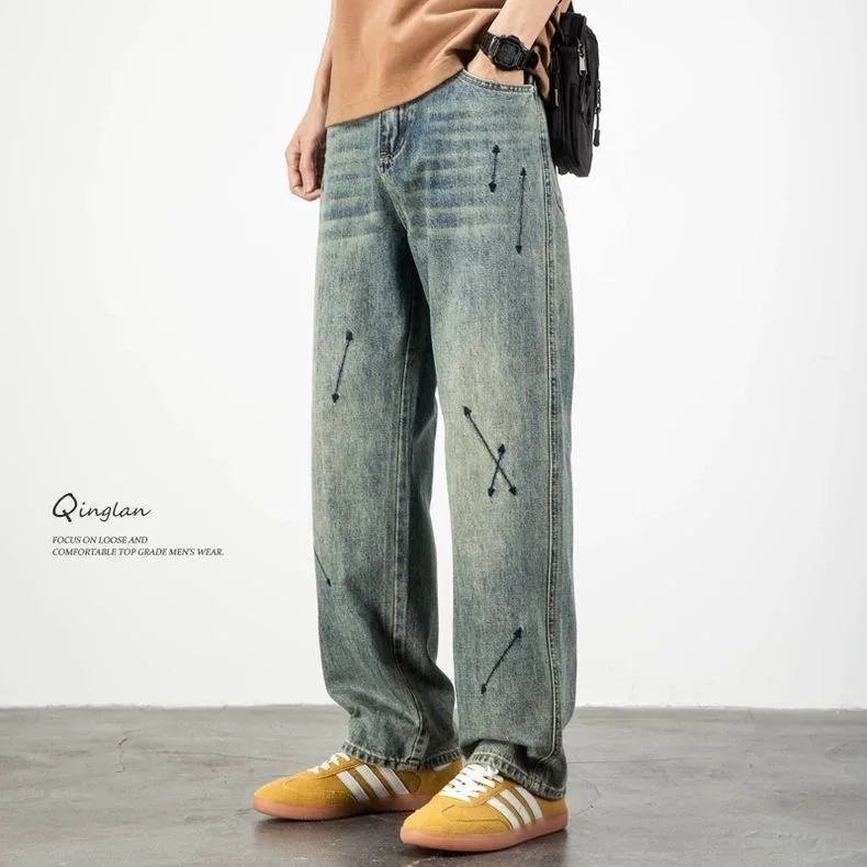 Spring and Autumn new fashion trendy printed straight-leg stretch jeans men's casual loose sports high-quality long pants