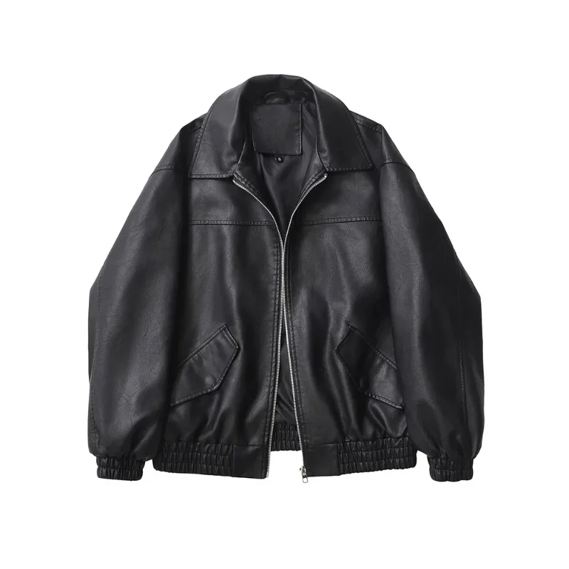 Jaqueta Feminina de Couro Sintético Preto Retrô Solta Estilo Streetwear 2026 - Casaco Vintage com Zíper para Primavera/Outono - Motoqueira