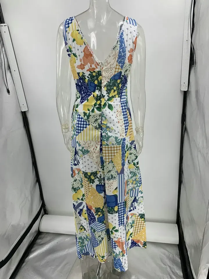 Cpsymym moda sexy profundo decote em v praia férias vestido de verão feminino impressão bolso sem mangas magro elegante feminino escritório dresse