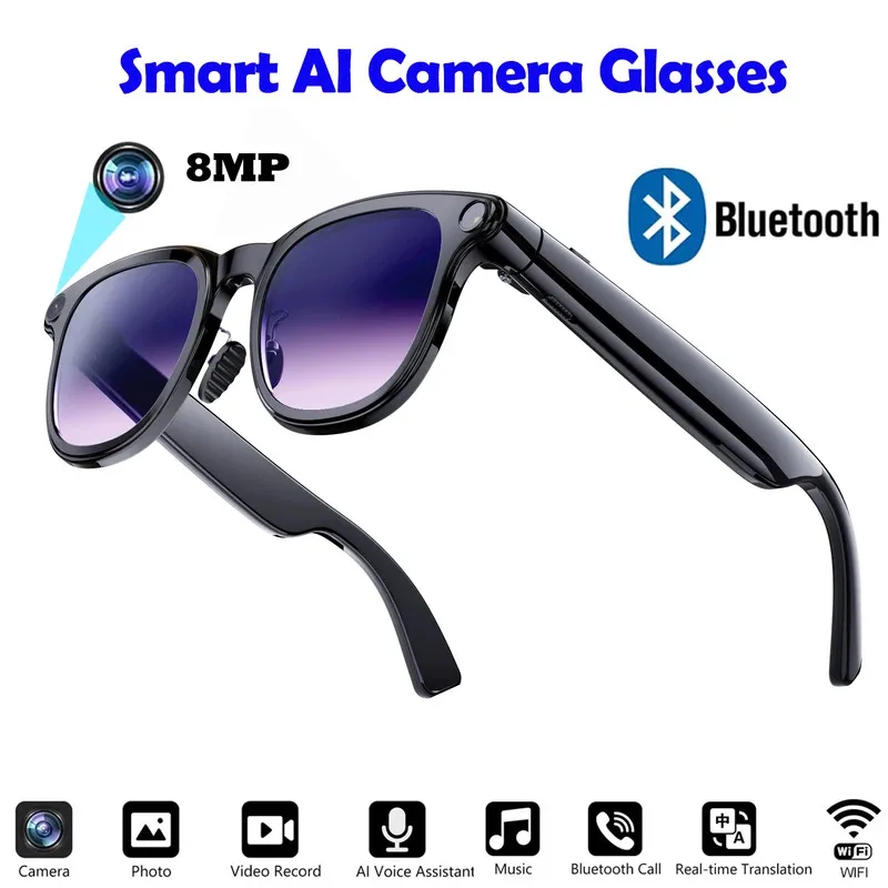 

AI Smart Glasses with 8MP Camera Video Recording 26 Languages Translation Sunglasses Bluetooth Call Music Play Men Women