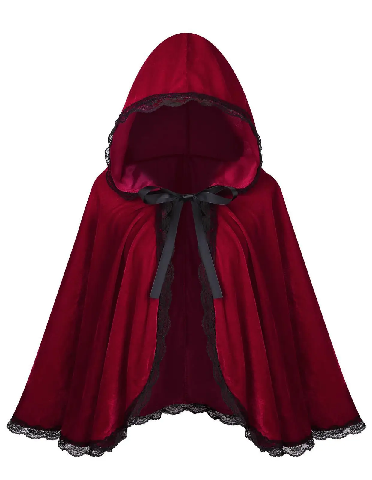 Siren Chic Red Velvet White Lace Hooded Velvet Cape Ladies Cape Halloween Christmas Cosplay Party Fancy Cape