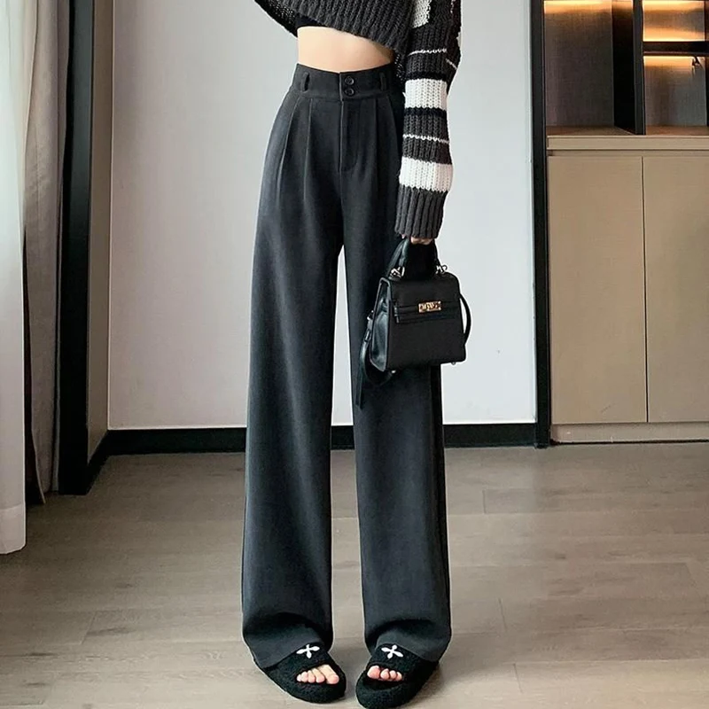 2025 Female High Waist Double Button Pants Women Comfortable Straight Leg Trousers Girls Korean Fashion Daily Pants