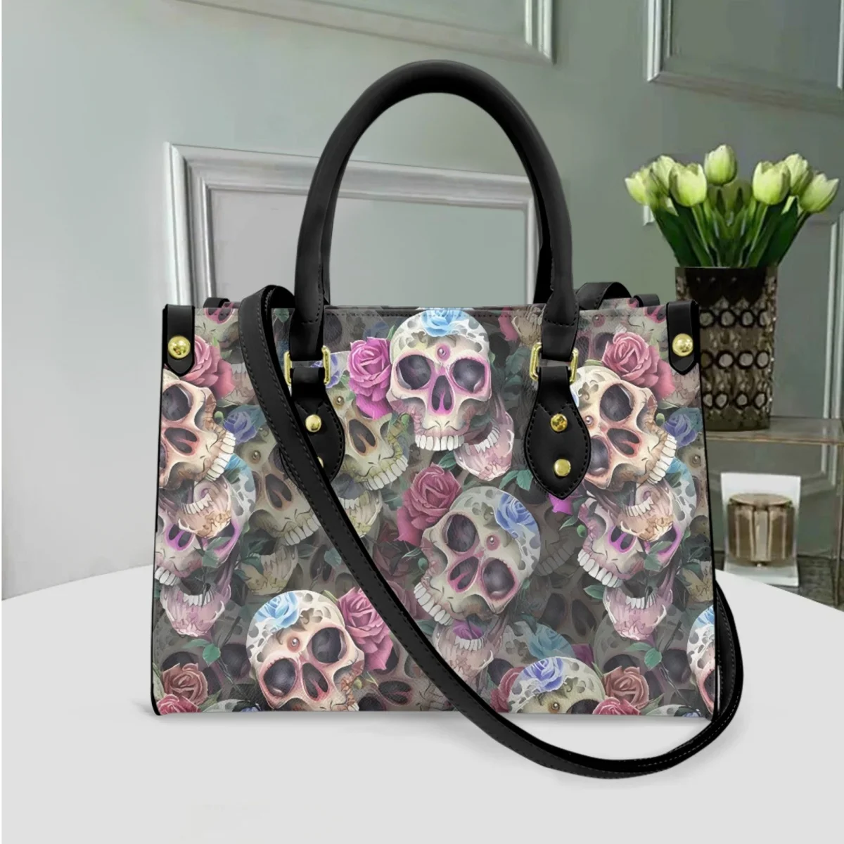 Bolso de mensajero de cuero con asa superior para mujer, bolso de hombro Vintage con estampado de flores rosas y calavera de Halloween, regalo portátil para fiesta y compras