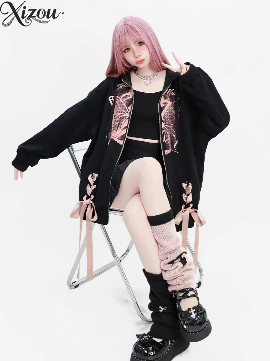 2025 가을 겨울 스웨트셔츠 여성 후드 재킷 루즈 리본 나비 프린트 지퍼 블랙 하라주쿠 스트릿웨어 캐주얼 코트 Y2k