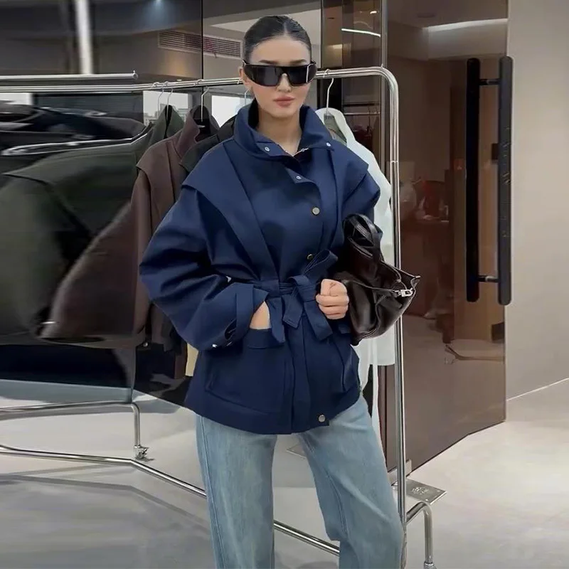 Damen-Windbreaker mit Revers und Schnürung, einreihiger Trenchcoat für Frühling und Herbst, langärmelige, schmale Jacke, neue Oberbekleidung – Detail 12