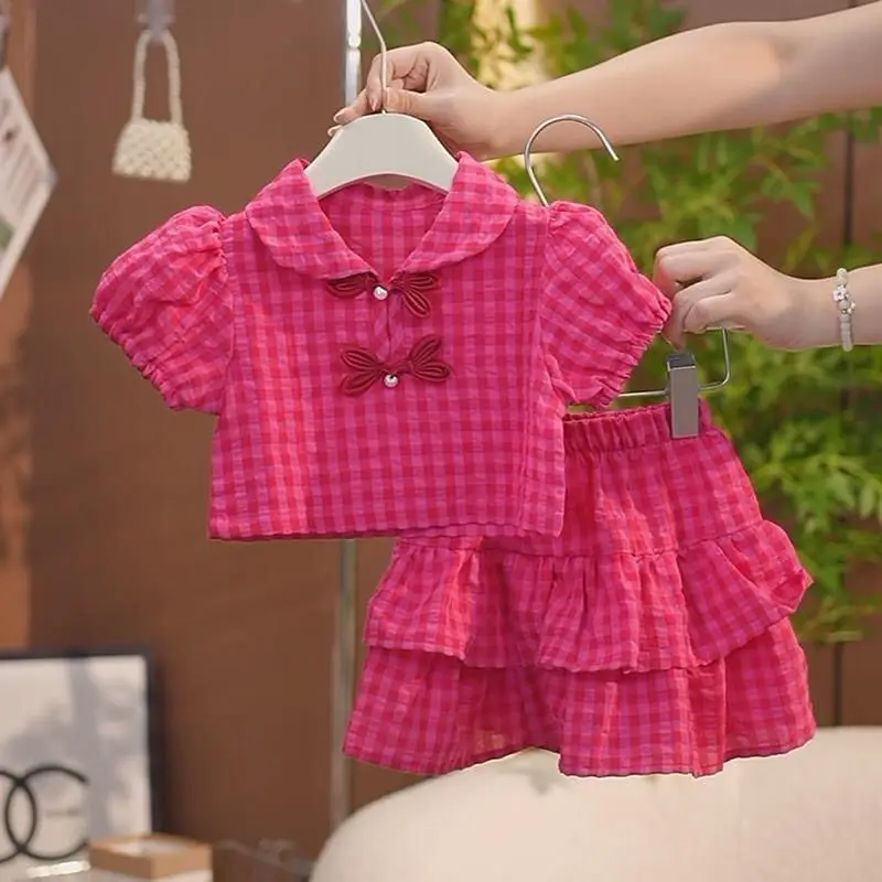 Children's Sets Girls Summer Dress New Sweet Casual Check Skirt Baby Fashion Casual 2-Piece