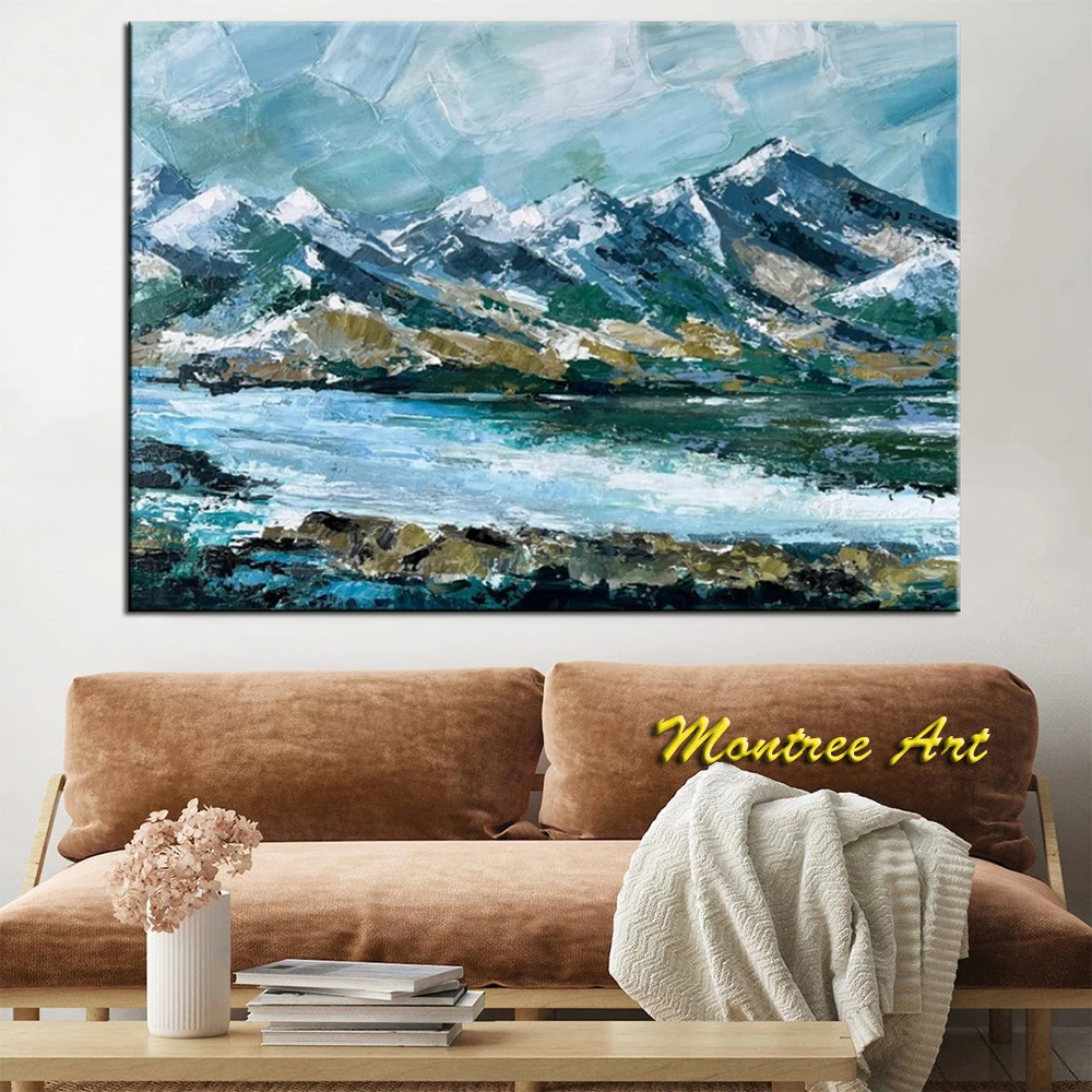 Hand Painted Oil Painting Nature inspired Mountain Landscape Riverbank Art Modern Scenery Natural Beauty Textured Artwork decor