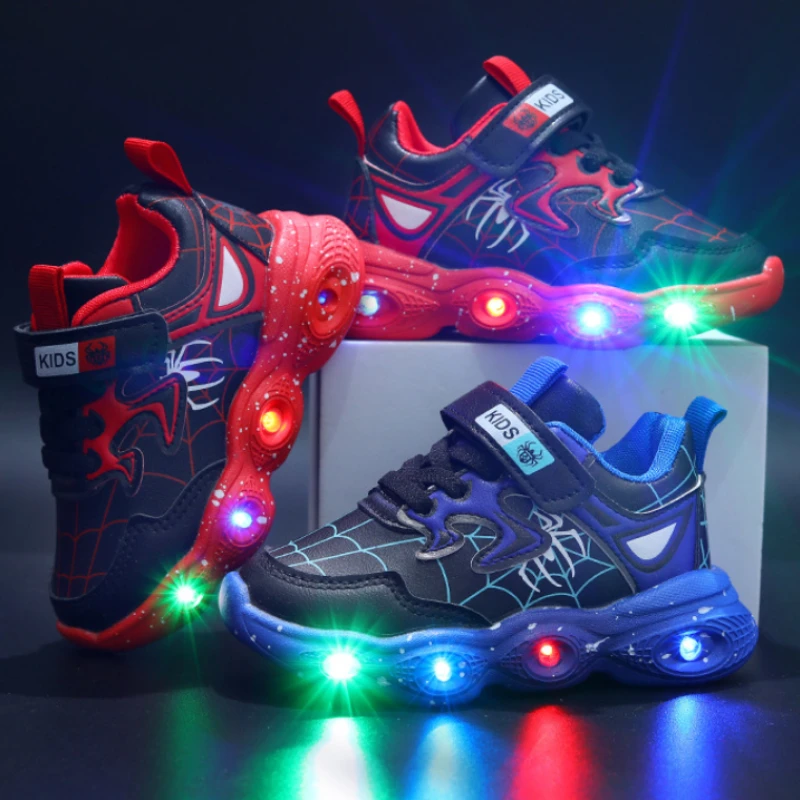 Disney Children's Led Light Shoes Fashion Aoger Spiderman Boys Sneakers Girls Cartton Casual Shoes Breathable Kids Sport Shoes