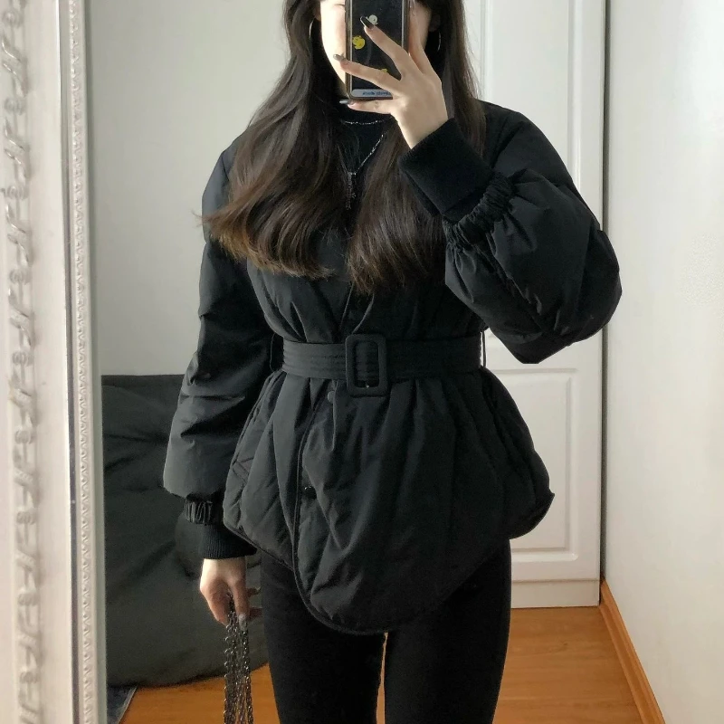 2024 Winter New Black V-neck Parkas Jacket for Women Medium-length Winter Korean Style Slim Fit Warm Ins Thick Coat for Women