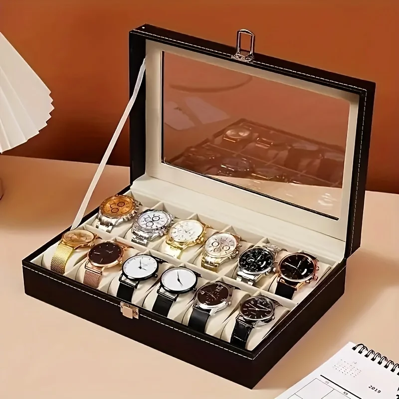 Luxury Black Faux Leather Watch Box with Glass Top, Velvet Lined, Lockable Flip Top, Rectangular Display Case for 12 Watches