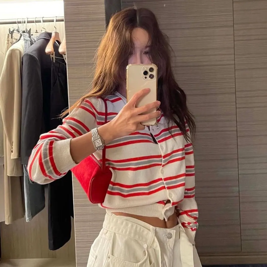 

Chic Spring Autumn New Classic Striped Round Neck Button Knitted Open Cardigan Tops Women's Soft Sweater Commute Outwear