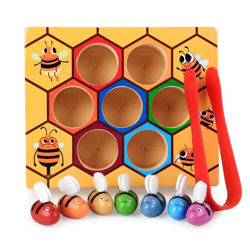 6.5Inx5.4In Fine Motor Skill Toy For Toddlers,Clamp Bee To Hive Matching Game,Montessori Wooden Color Sorting Puzzle