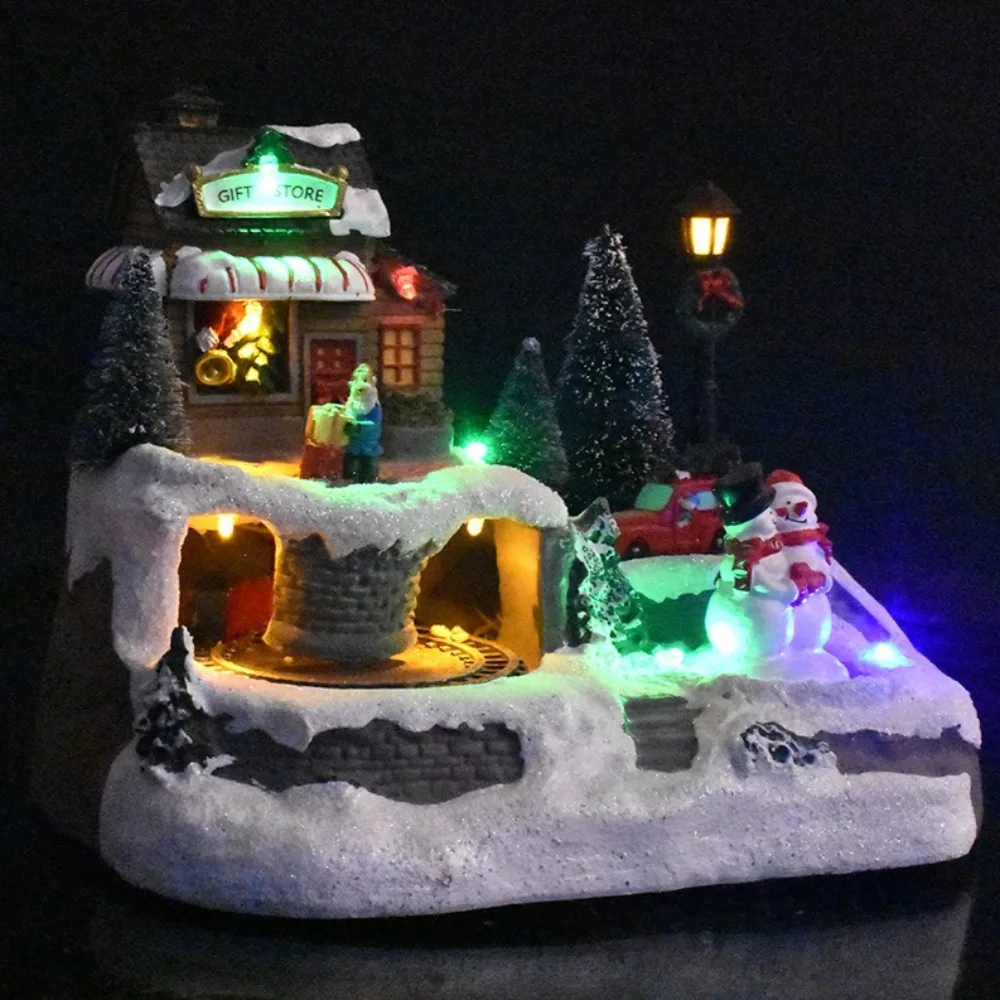 منزل صغير مضيء لعيد الميلاد، موسيقى إبداعية على الطراز الأوروبي، أضواء ملونة LED، زينة عيد الميلاد للثلج المنجرف من الراتنج #6