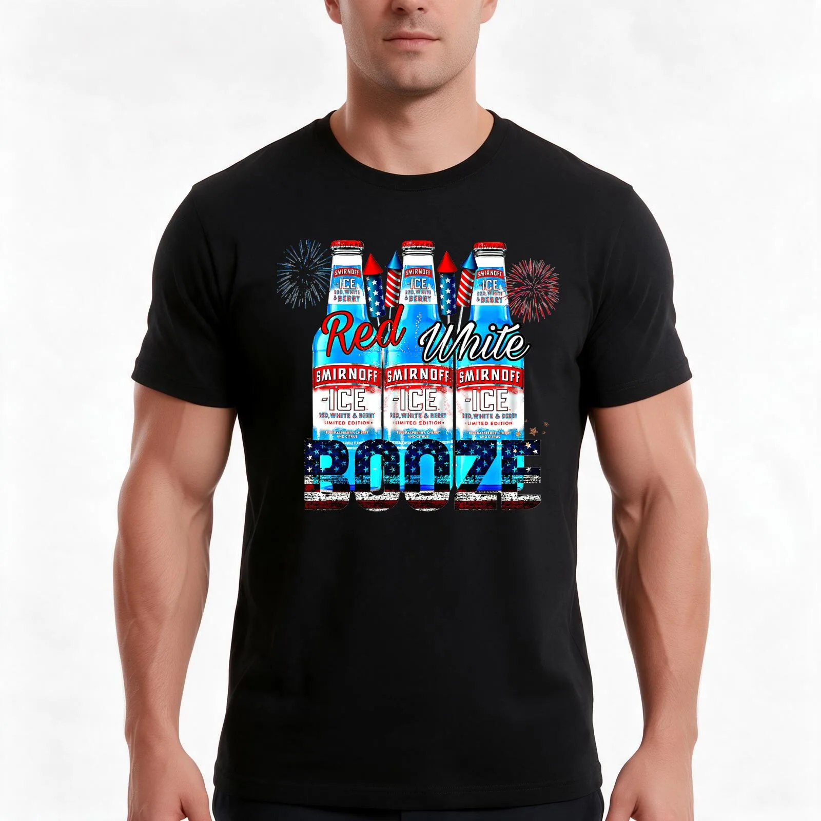 Red, White, Booze, Smirnoffs 4th of July Funny Drinking T-Shirt, Summer Casual Cotton Tee, Oversized Streetwear Tops