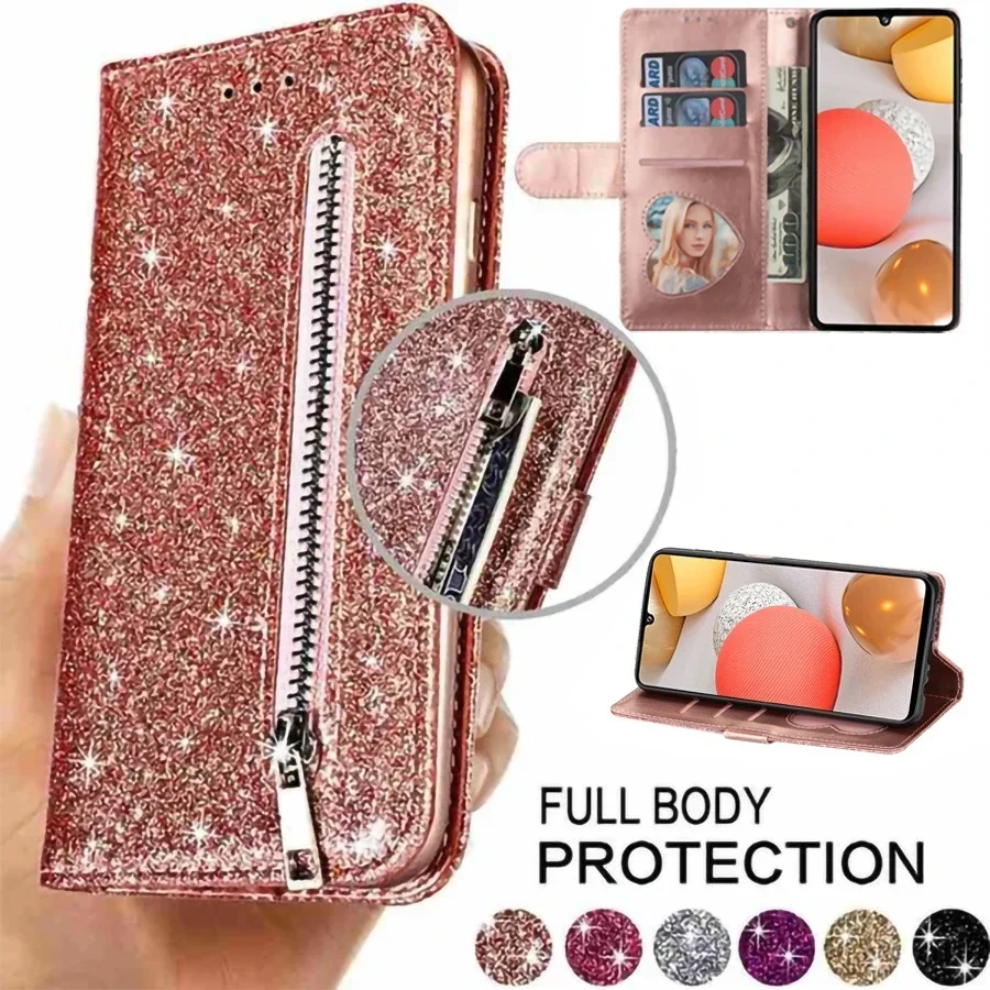 

Wallet Glitter Zipper Leather Case For Samsung Galaxy A02s A05s A06 A12 A13 A14 A15 A16 A25 A32 A33 A34 A35 A52 A53 A54 A55 A71