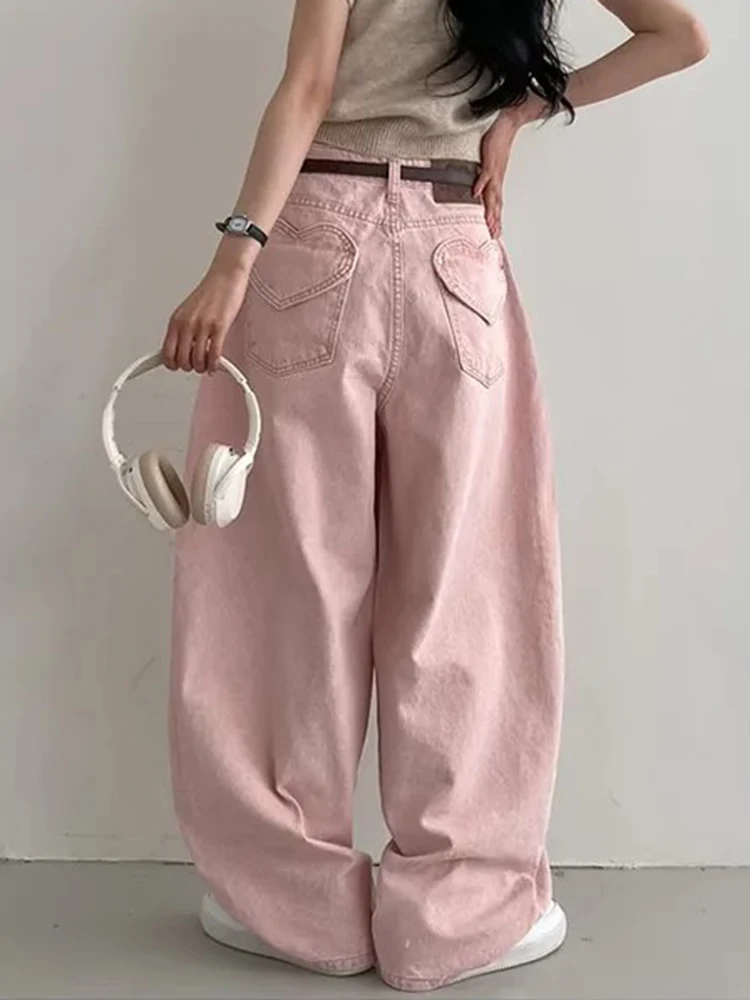 

Women Y2K Jeans High Waist Wide Leg Retro Korea Washed Pink Cream Heart Pocket Love Up and On High Street New Trend