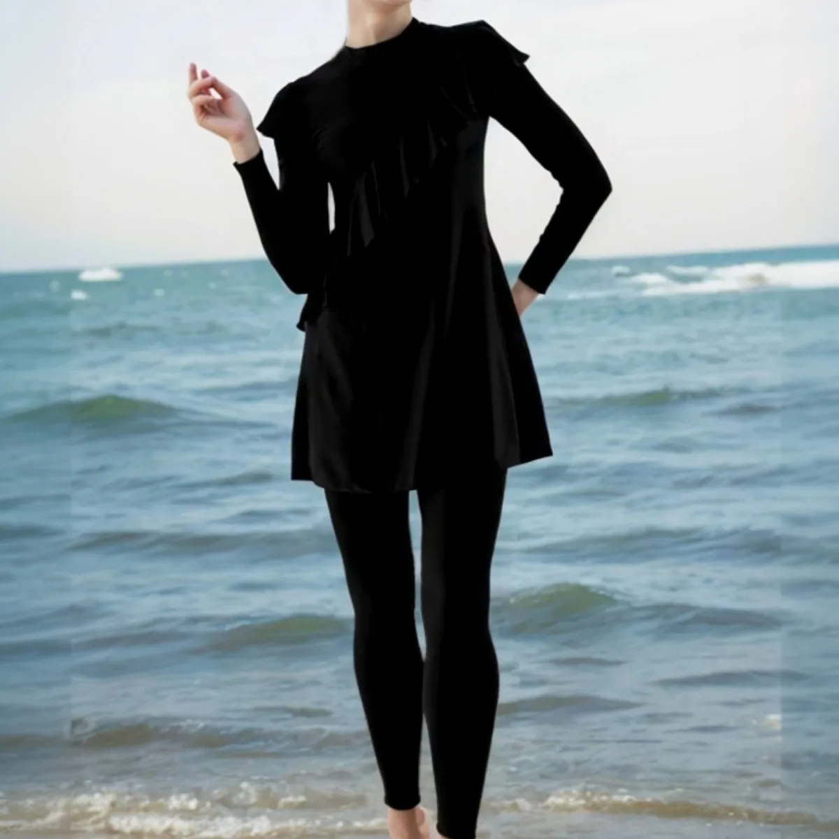 Modest Muslim Burkini 3‑Pcs Swimsuit Ruffle Decor Long Sleeve Dress Pants Swim Cap Conservative Women Full Cover Beach Swimwear