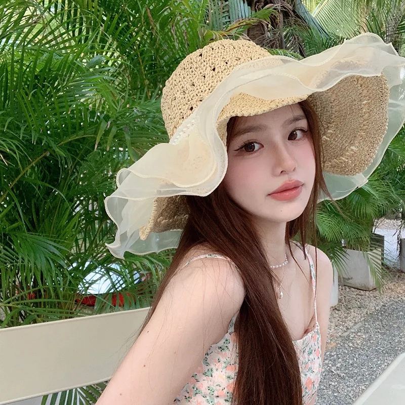 

2023 Summer New Girls' Sweet Lace Straw Hat with Extra Large Eaves for Sunscreen and Beach Leisure Vacation