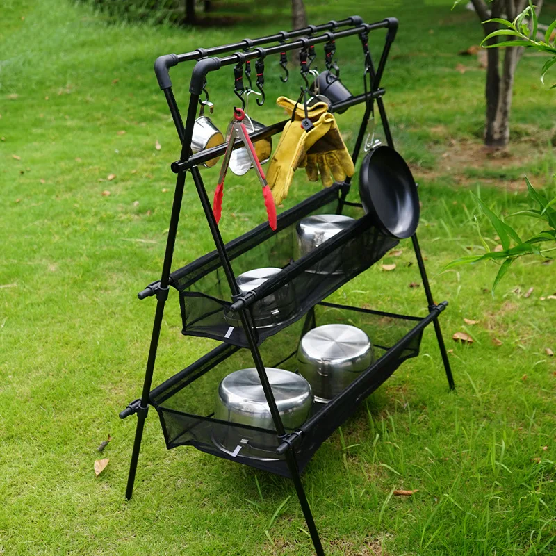 Outdoor Camping Triangle Shelf Aluminum Alloy Folding Double-Layer Large Capacity with Hook Net Bag Glamping Picnic Hanging Rack