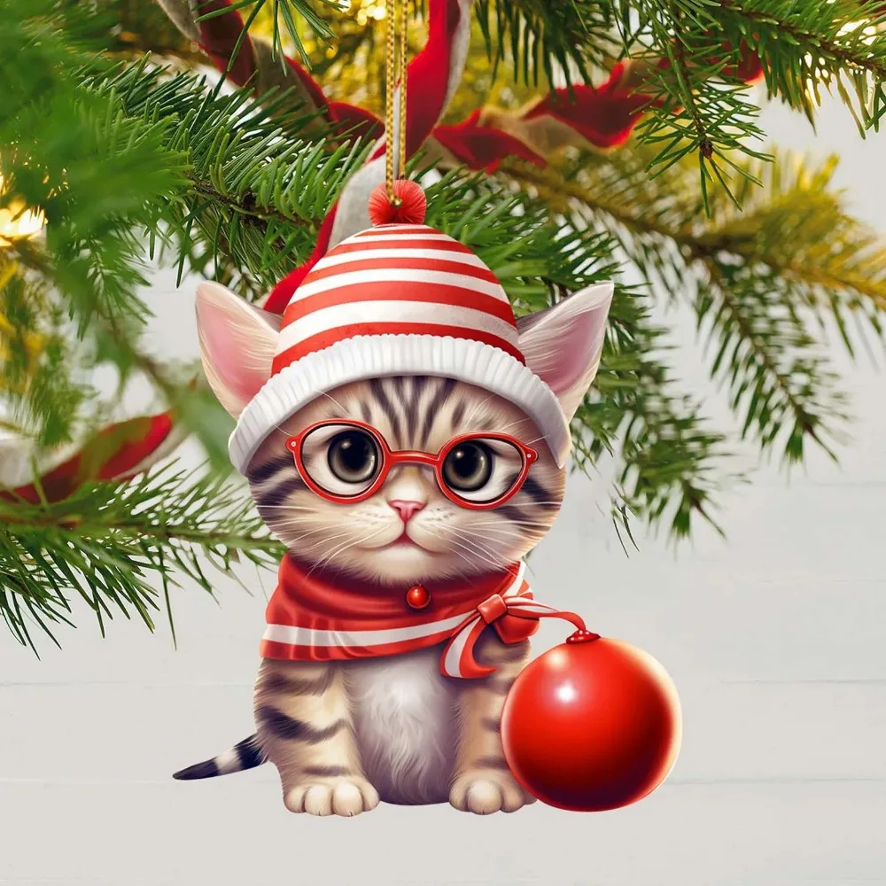 

2D Christmas Cat Pendant Acrylic Decorative Christmas Tree Decorations Cat Car Pendant Flat Cat Xmas Hat Ornament