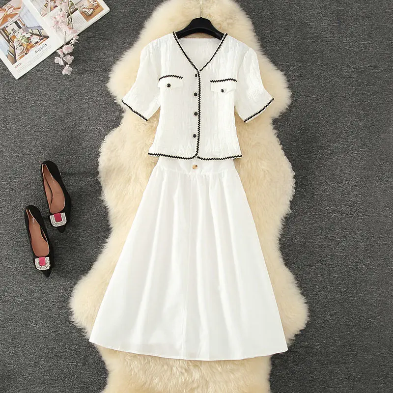 Women Summer Graceful White V-Neck Shirt A-Line Skirt Two Piece Set 2022 Ladies Elegant Outfits Fashion Joker Streetwear Female