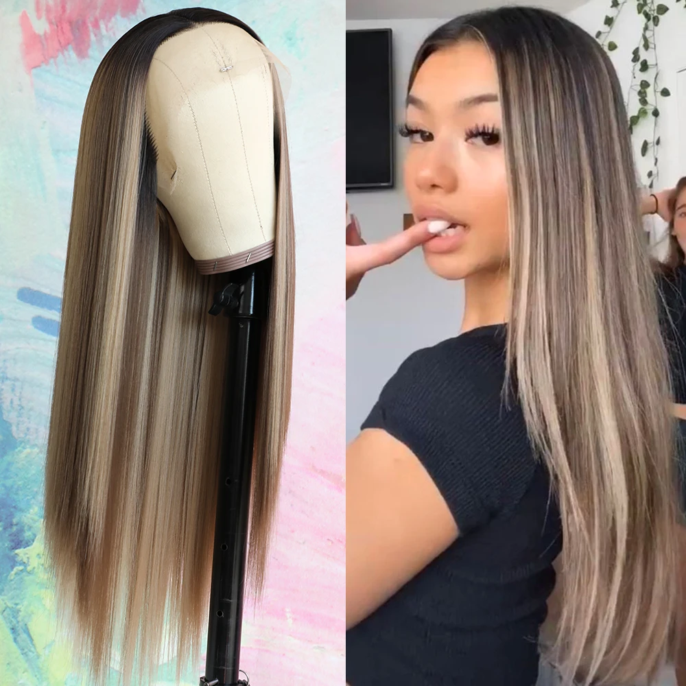 

13*3 Long Straight Hair Brown Highlights Lace Wigs Free Part Heat Resistant Synthetic Lace Front Wigs for Balck Women