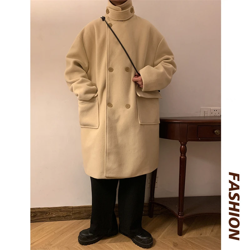 

Casual Lengthened Men's Woolen Coat Double-Row Buttons awl Collar Overcoat Large Size Polyester Fiber Winter Outerwear