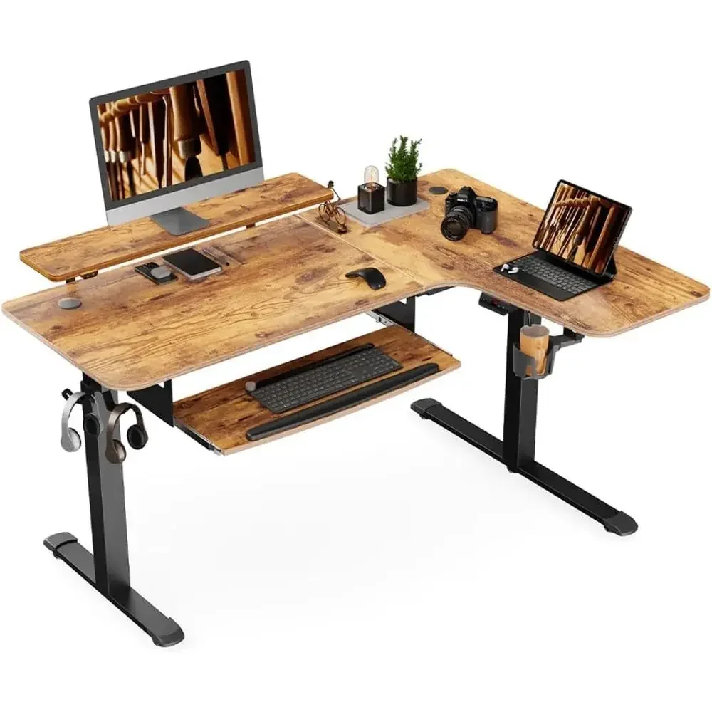 

61 L-Shaped Electric Adjustable Height Desk with Monitor Stand, Dual Motor, Rustic Brown, for Sit-Stand and Gaming