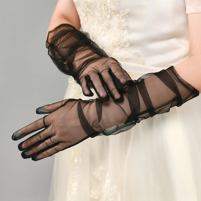 Women 55cm Sexy Transparent Sheer Tulle Thin Mesh Wedding Driving Club Party Prom Dancing Dress Etiquette Long Gloves Accessorie