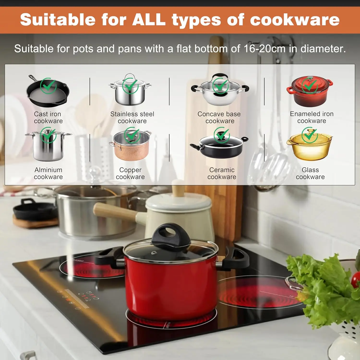 موقد كهربائي من السيراميك من كارينير 4 مناطق، مدمج 60 سم مع تحكم باللمس منزلق 6000 وات، وظيفة مع قفل أمان، بدون قابس، 230 فولت