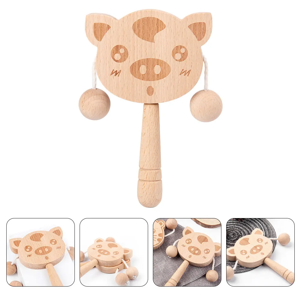 Rattle กลองของเล่นไม้ของเล่นเด็กน่ารัก Rattle-กลองเครื่องดนตรีไม้มือ