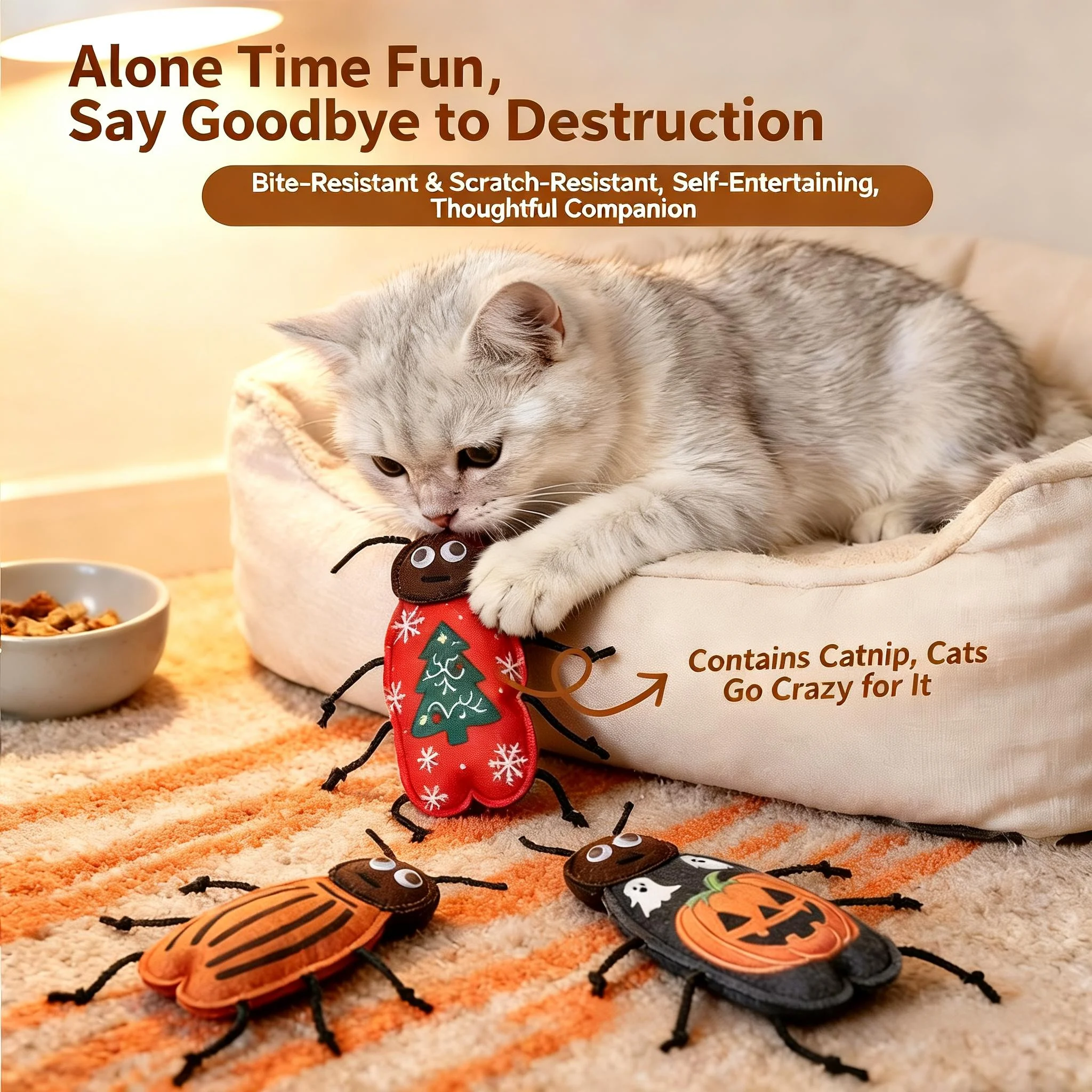 Juguete de gato con forma de cucaracha simulada, de menta, suave y seguro, de material de fieltro, producto interactivo para el autoentretenimiento de gatos en interiores.