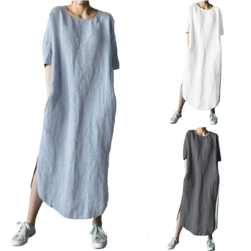 

Women Cotton Linen Casual Dress O Neck Half Sleeve High Waist Lace-up Side Pockets Solid Split Hem Loose Midi Summer Dress