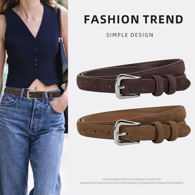 

Casual Frosting Suede Silver Buckle Belt Women's Genuine Leather Decorated Suit Jeans Casual Retro Trendy Cowhide Belt for Women