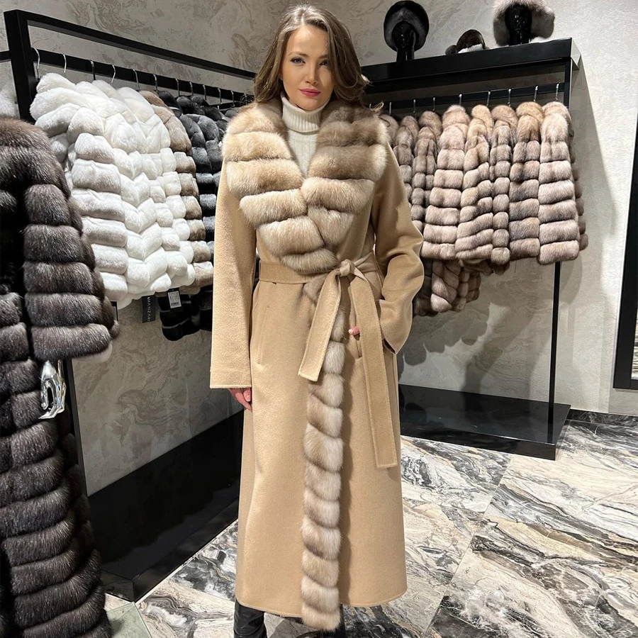 Ladies Clothing Real Wool Coat With Fox Fur Lapel Collar Winter 2024 New Cashmere Coat Long fur jacket