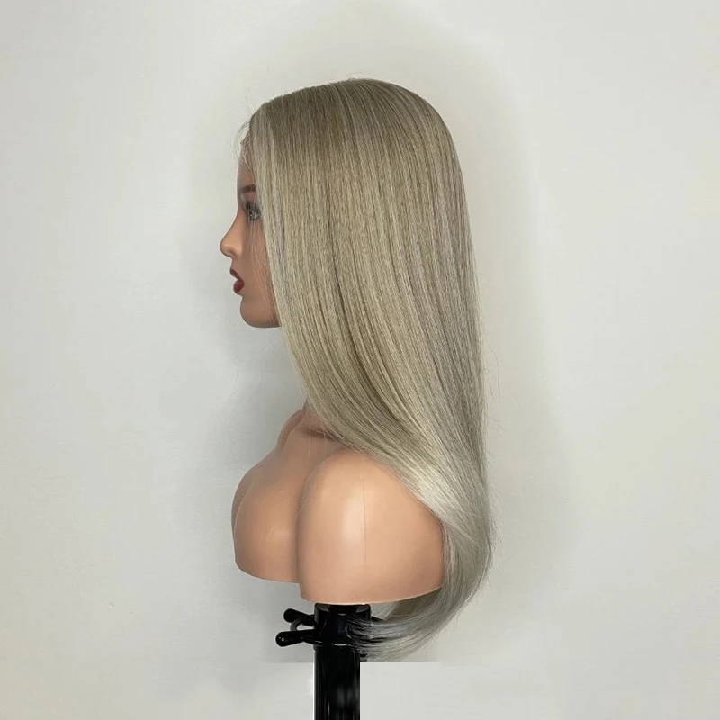 Highlighted Ash Blonde Luxury Straight Wig Premium Quality Japanese Synthetic Fibers Long Lace Front Wig for Women Daily Use