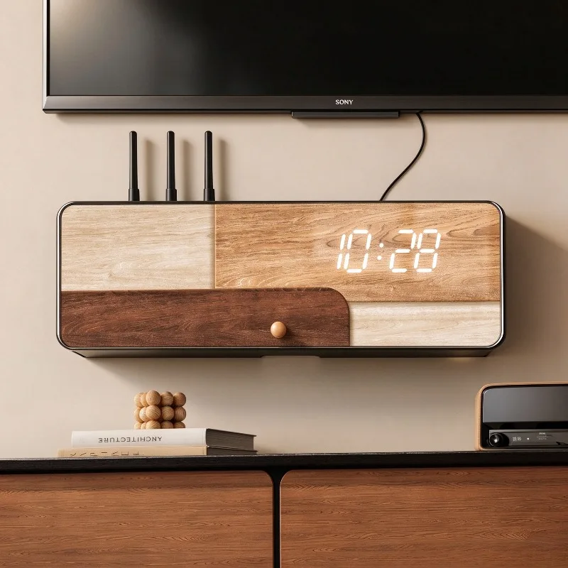 Wooden WiFi Router Organizer Box with Clock Portable Wall Set Top Box Organizers Boxes Luxury Storage Rack Modern Home Storage