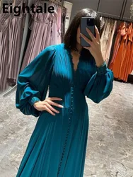 Peacock Blue Chiffon A Line Evening Dress Long Puff Sleeve Sexy V Neck Lace Plus Size Elegant Dress Women Arabic Wedding Party